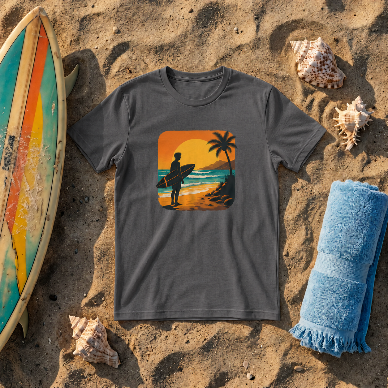 Sunset Surfer on Beach T-Shirt